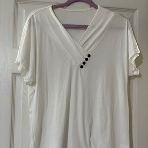 White T-Shirt with criss-cross detail and brown buttons Size L